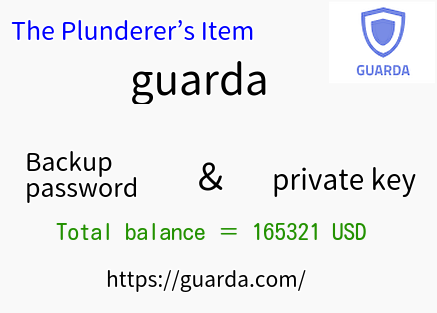 backup file and password for the Guarda wallet (Total balance ＝ 165,321 USD)