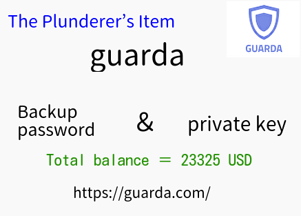 backup file and password for the Guarda wallet (Total balance ＝ 23,325 USD)